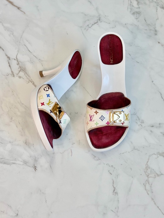 Louis Vuitton Shoes - 2002 Murakami Louis Vuitton White Multicolor Monogram Gold Buckle Mules